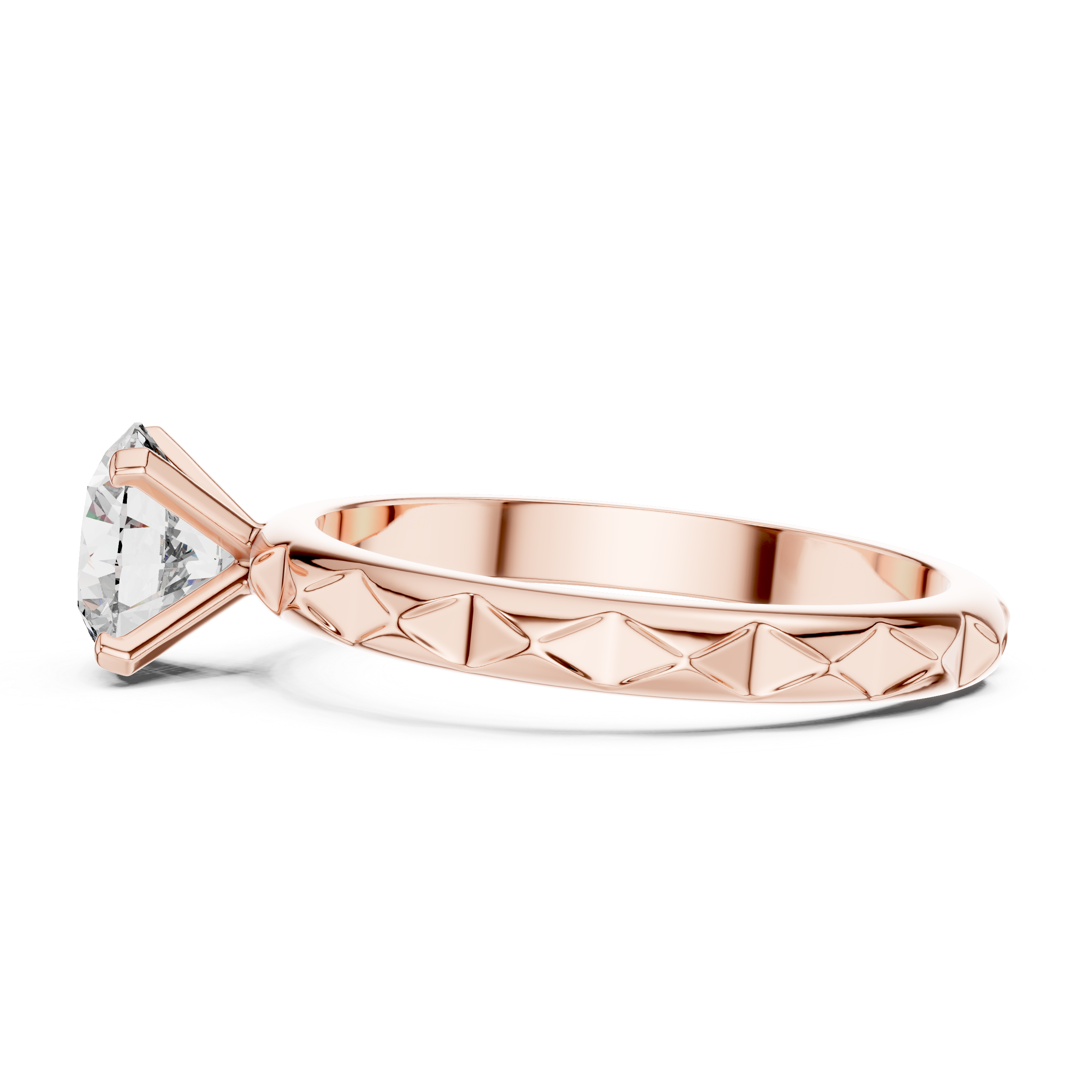 Rose gold ring with a diamond on a white background